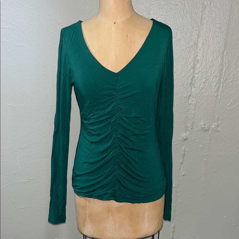 Soft Surroundings Teal V-Neck Ruched Long Sleeve Top